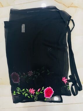 Collection XIIX Black Sheer  Swim Coverup  Pink and Green Rose Floral Embroidery